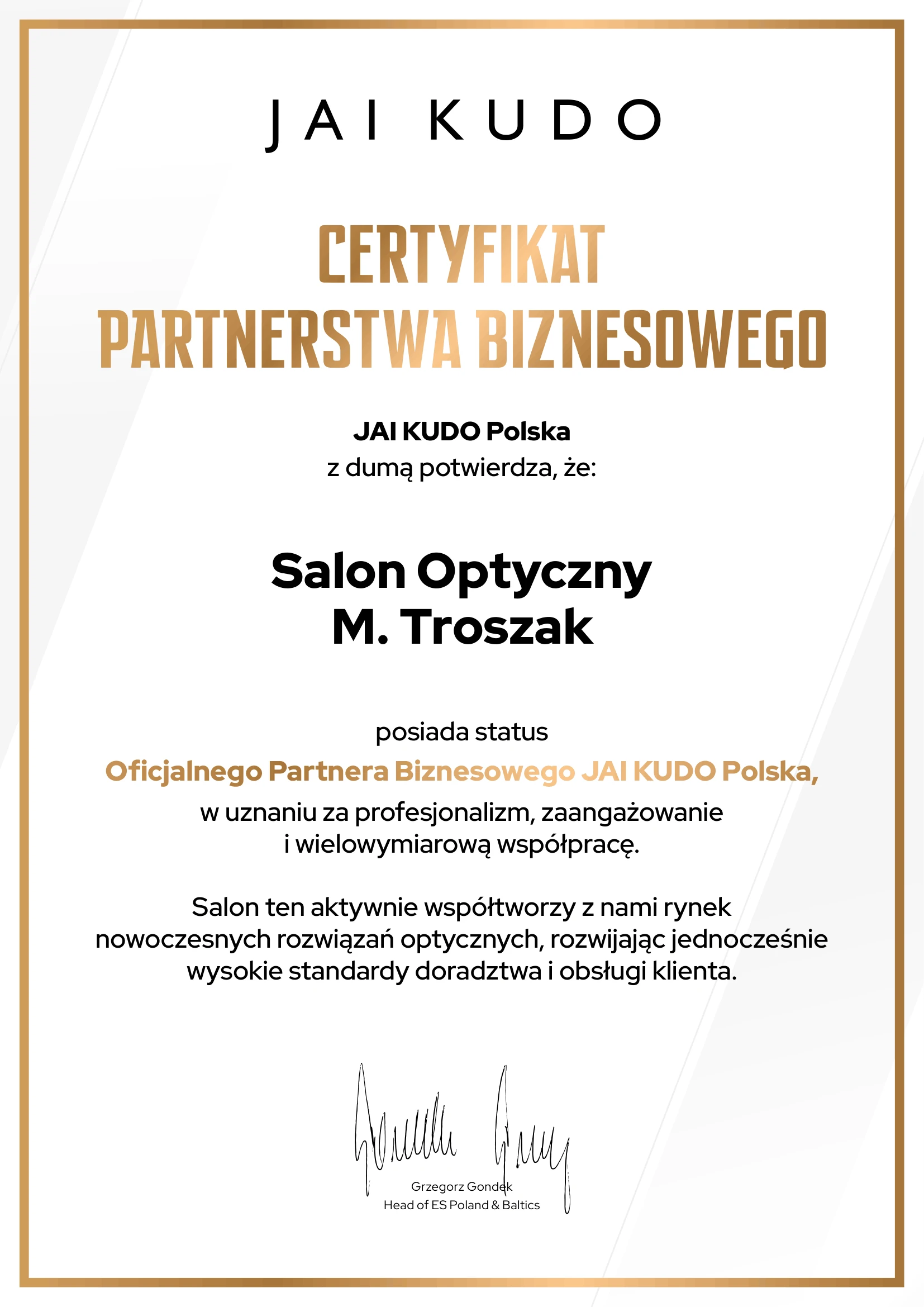 Certyfikat jakości — Optyk M. Troszak